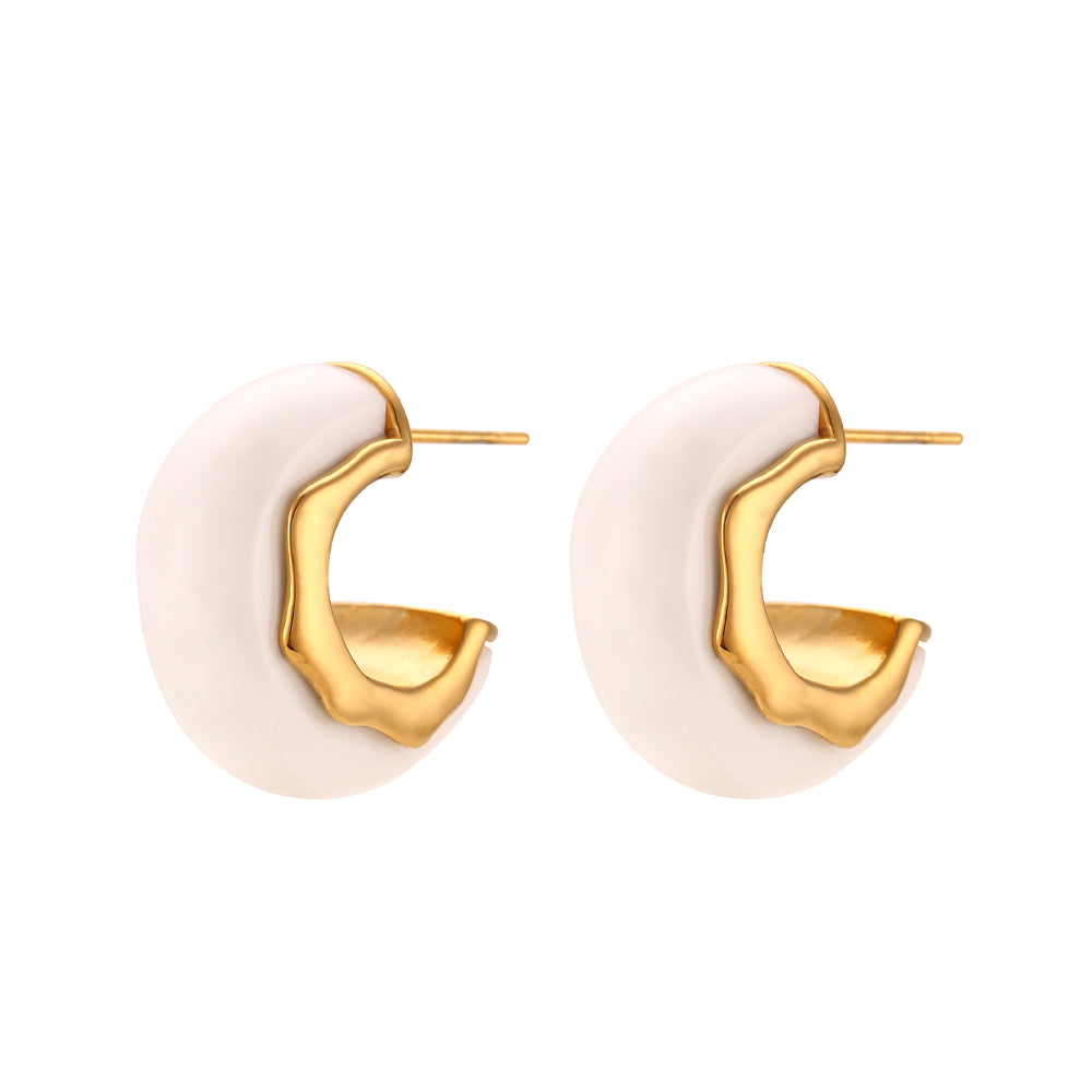 Chunky C Shape Acrylic Hoop Earrings (Gold & White)