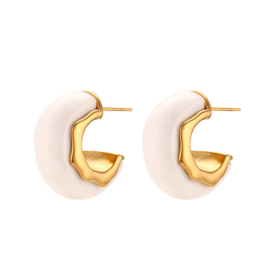 Chunky C Shape Acrylic Hoop Earrings (Gold & White)