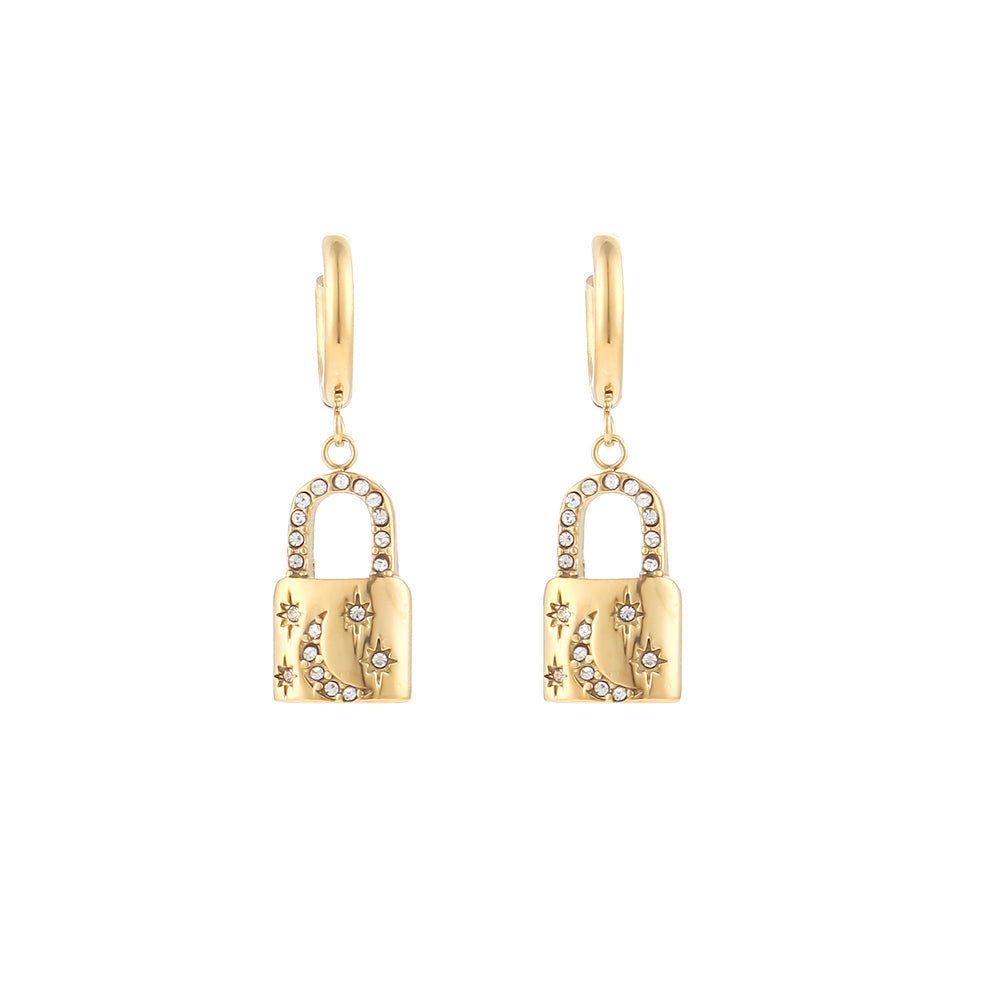 18K Gold Star & Moon Rhinestone Padlock Earrings (Gold)