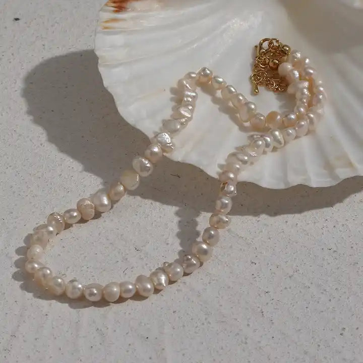 Vintage-style Keshi Pearl Brass Necklace